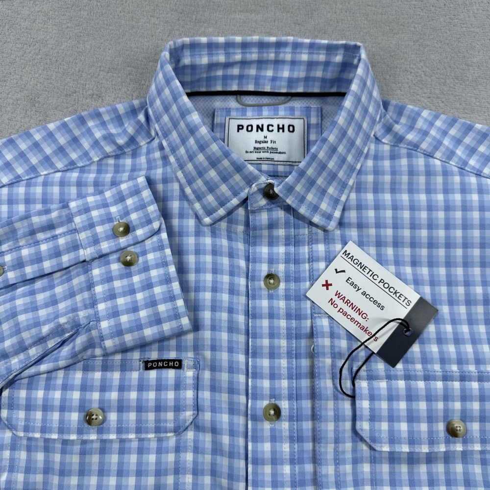 Poncho Outdoors Fishing Shirt Mens M Blue Gingham Magnetic Pockets Vented L/S